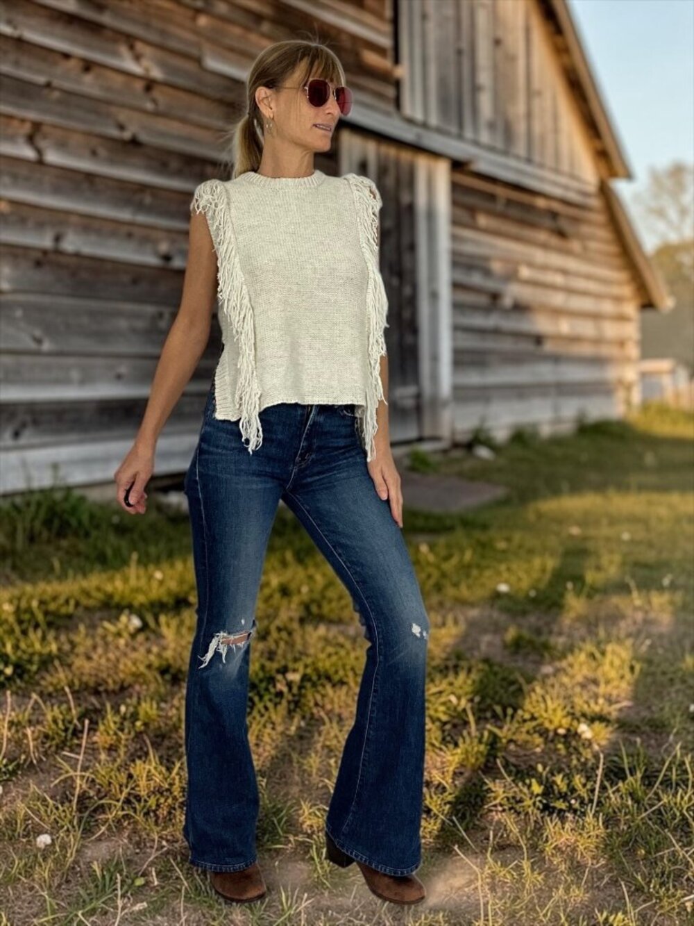 Intermix Fringe Sweater Vest P XS Cream Wool Cashmere Western Fall Fashion